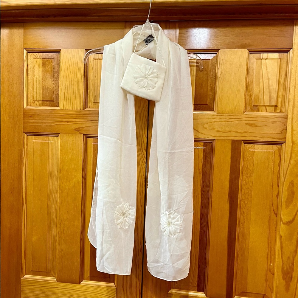 Ivory Shawl with flower and bead embellishments and matching pouch